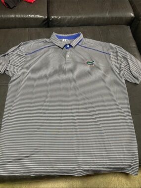 Russ Men's Gray & White Striped Polo with Blue Accents